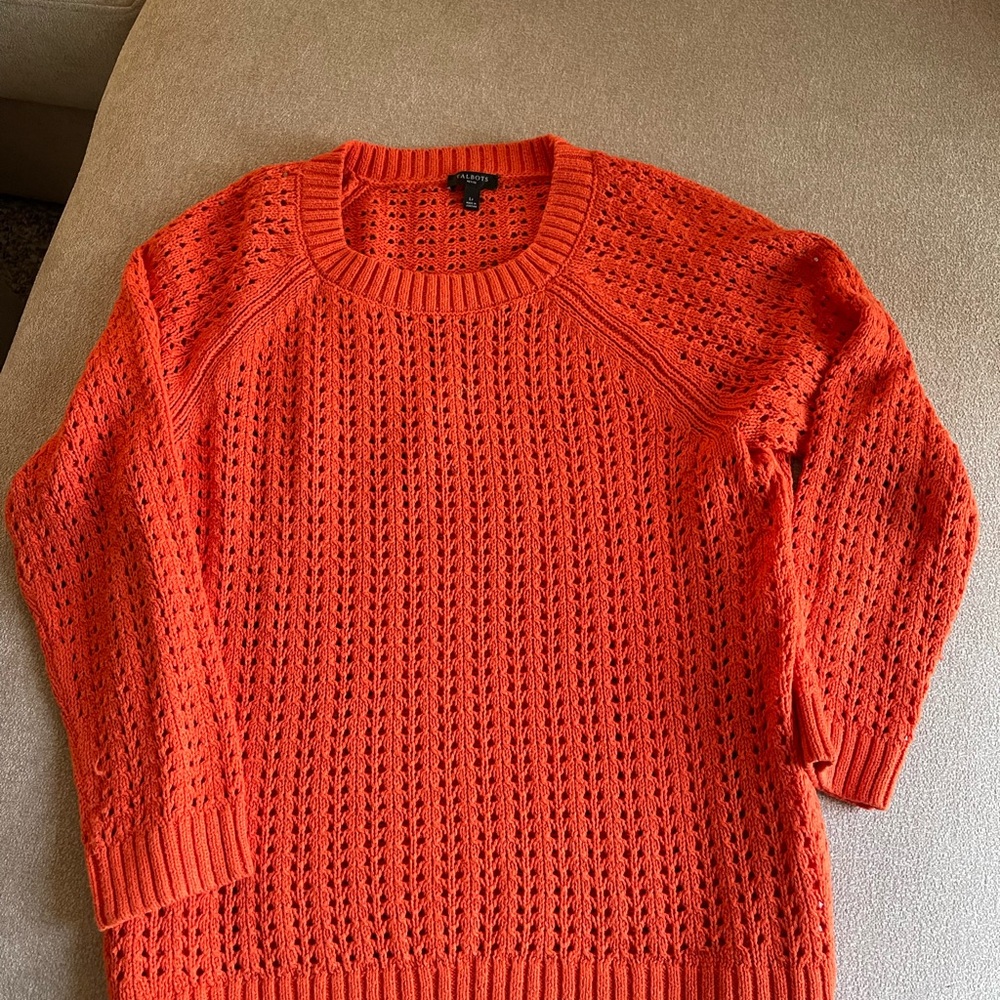 Talbots, Orange Open Stitch Crew Neck Sweater. Si… - image 1